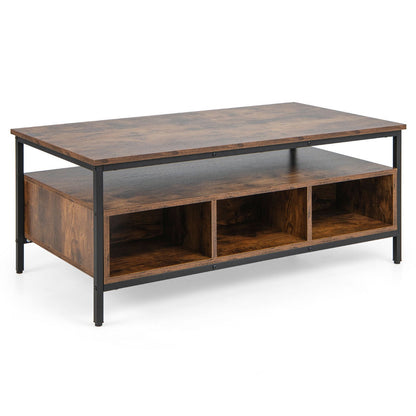 3-Tier Rectangular Coffee Table Industrial Style Cocktail Table with Heavy Duty Metal Frame Rustic Brown Tea Table