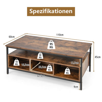 3-Tier Rectangular Coffee Table Industrial Style Cocktail Table with Heavy Duty Metal Frame Rustic Brown Tea Table