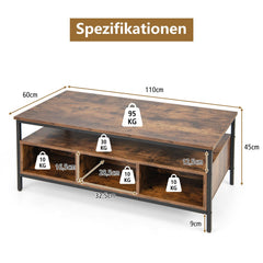 3-Tier Rectangular Coffee Table Industrial Style Cocktail Table with Heavy Duty Metal Frame Rustic Brown Tea Table