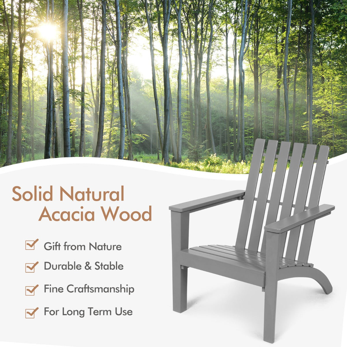 Wood Adirondack Chair with Solid Acacia Wood and 160KG Weight Capacity-Grey
