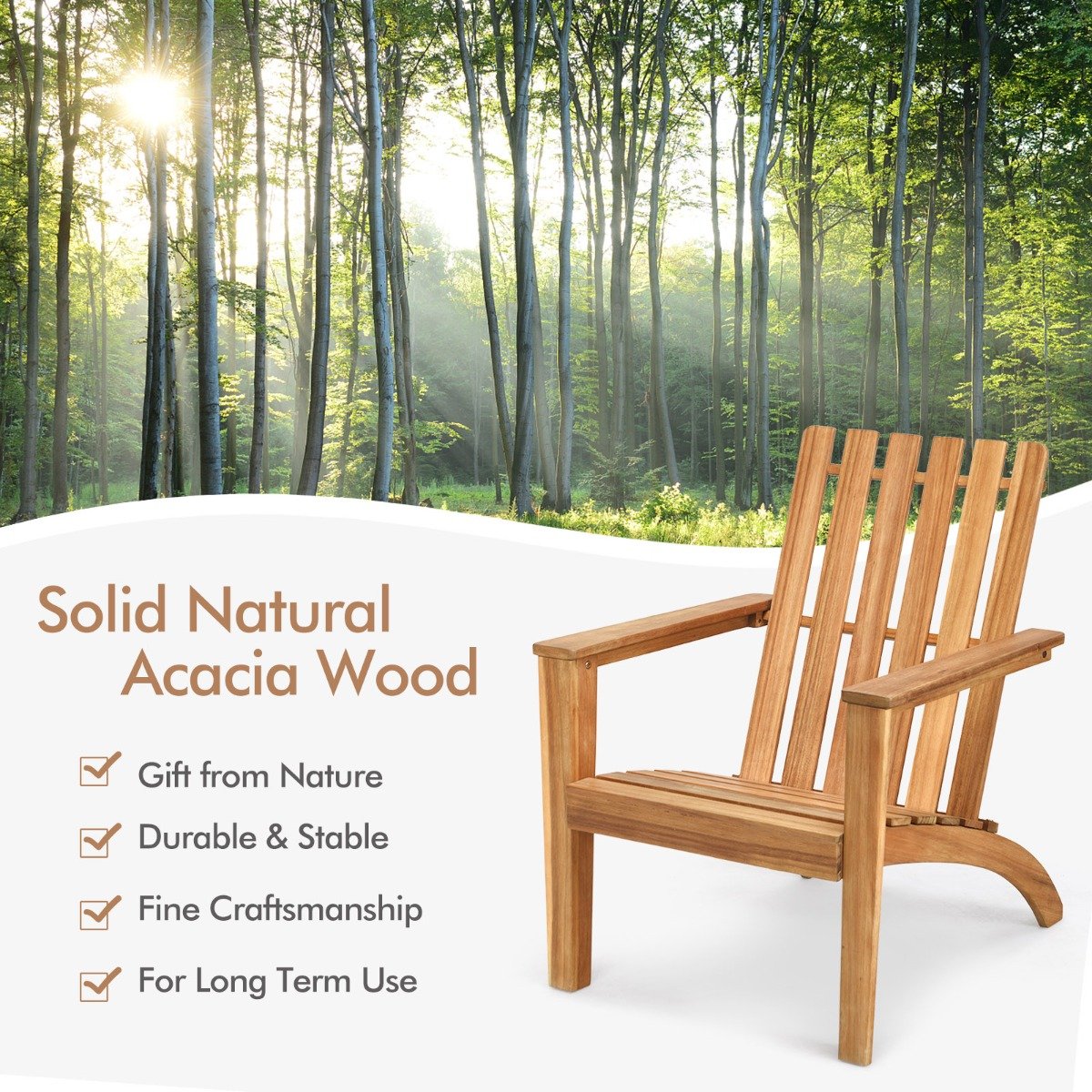 Wood Adirondack Chair with Solid Acacia Wood and 160KG Weight Capacity-Natural