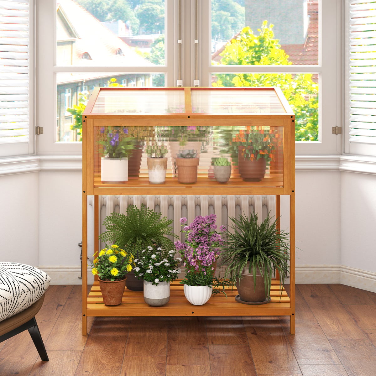 Wood Cold Frame Greenhouse with Slatted Storage Shelf-Orange
