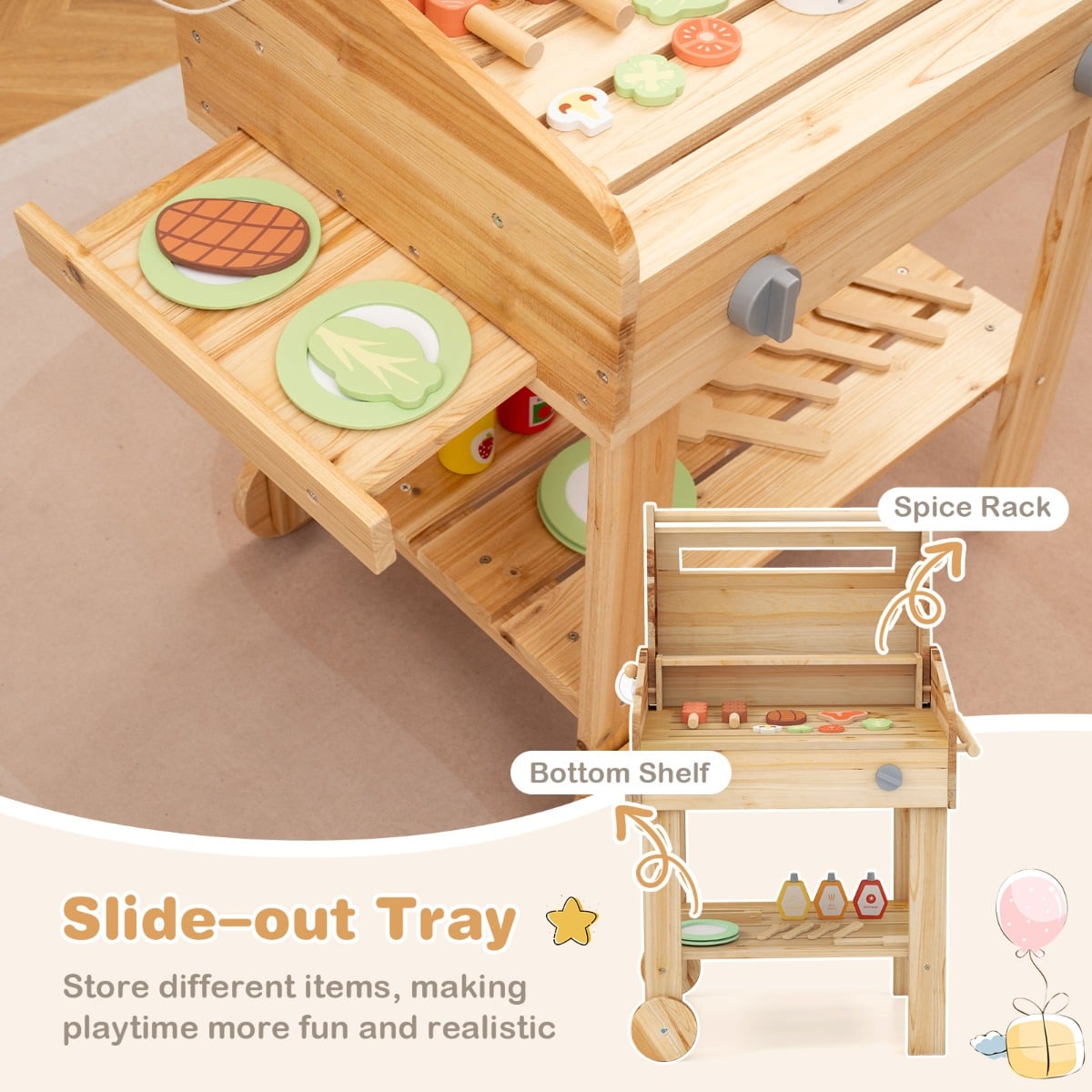 Wooden Barbecue Grill Toy Set with Play Food and Grilling Tools for kids-Natural