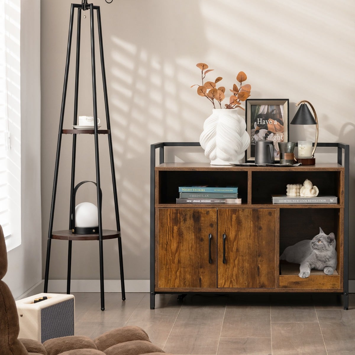 Wooden Cat Litter Box Enclosure with Compartments and Scratching Board-Coffee