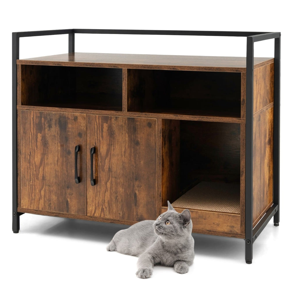 Wooden Cat Litter Box Enclosure with Compartments and Scratching Board-Coffee