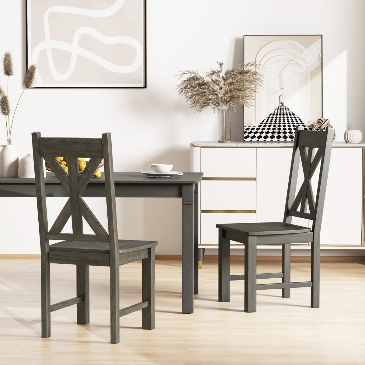 Wooden Dining Chairs Set of 4 with Rubber Wood Frame and Elegant Hollowed Backrest