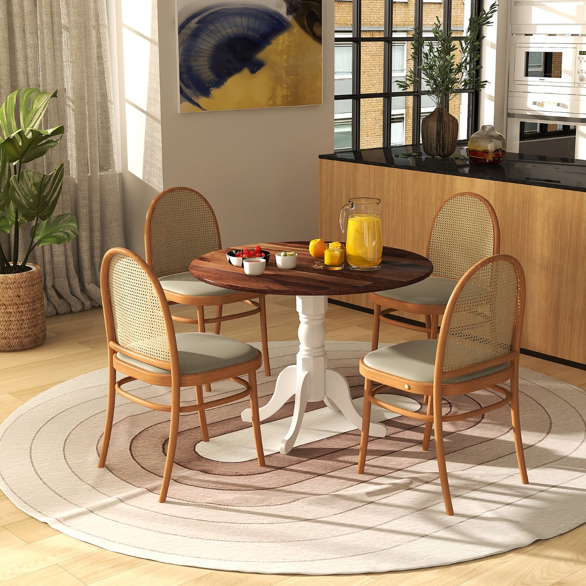 Wooden Dining Table with Round Tabletop and Curved Trestle Legs-Walnut & White