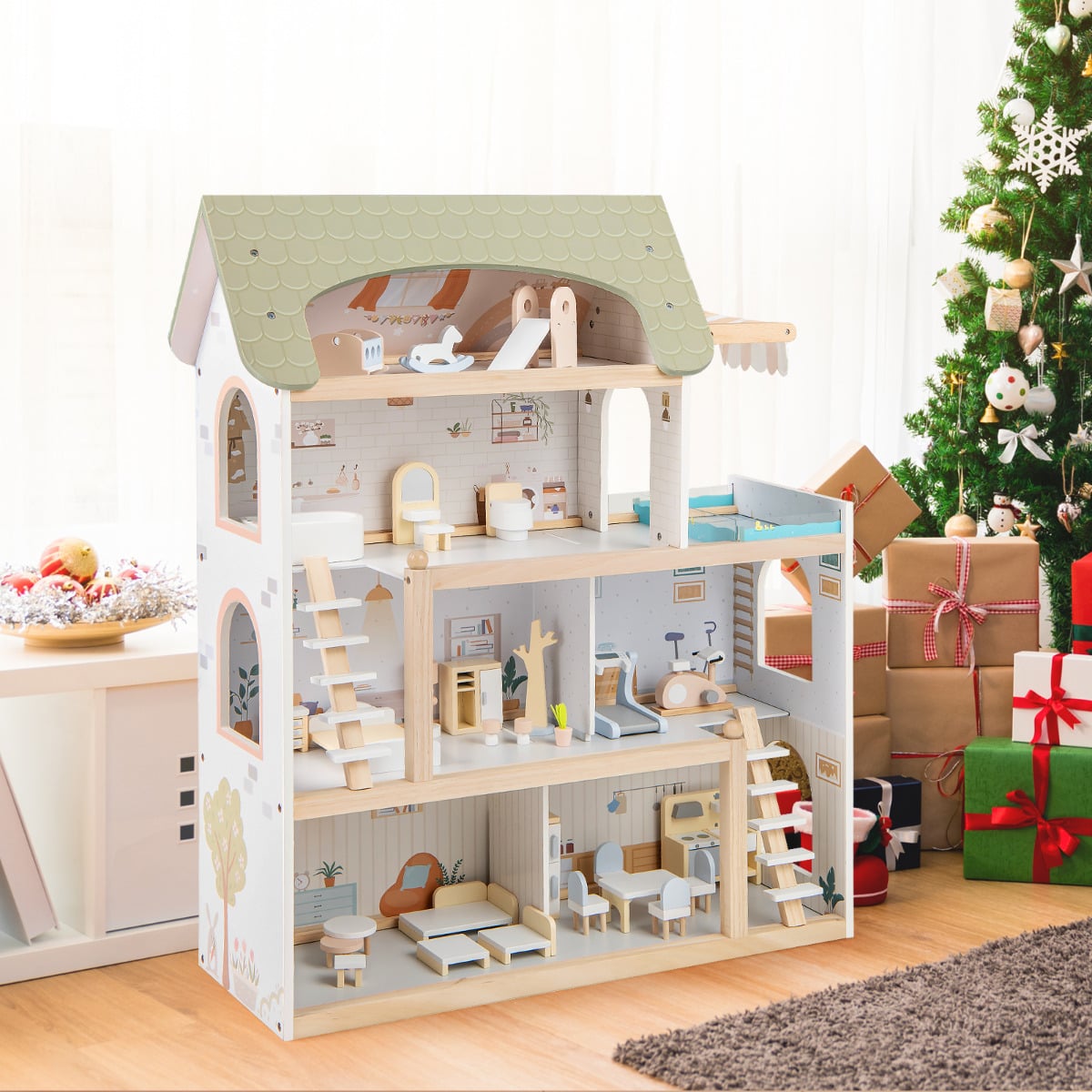 Wooden Dollhouse with 33 PCS Furniture Accessories for Girls and Boys-Green