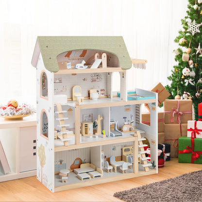 Wooden Dollhouse with 33 PCS Furniture Accessories for Girls and Boys-Green