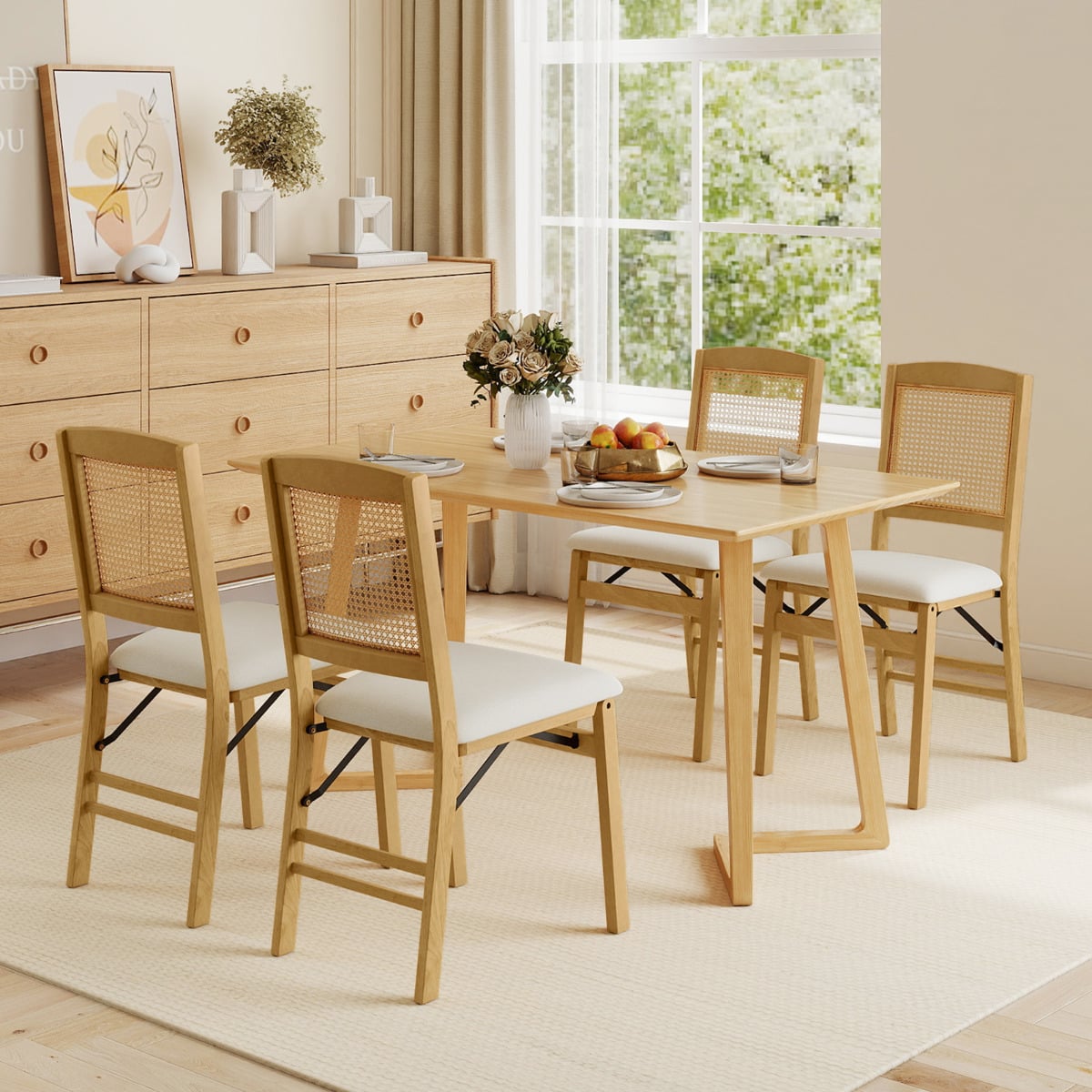 Wooden Folding Chairs Set of 2 Rustic Rubber Wood Dining Chairs with Linen Padded Seat-Brown