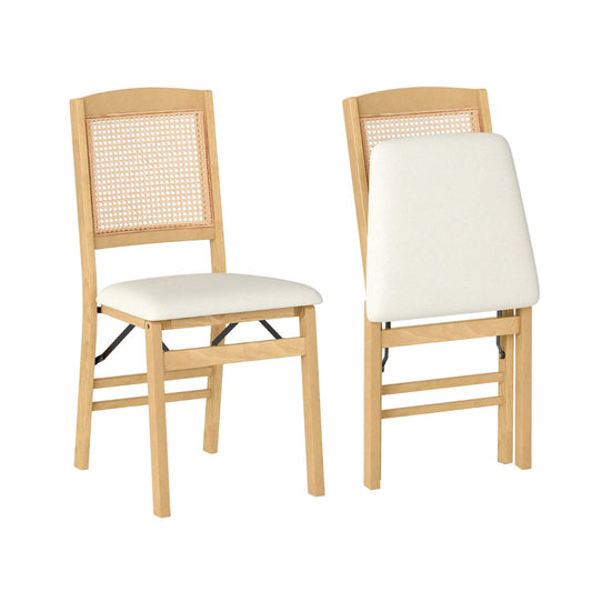 Wooden Folding Chairs Set of 2 Rustic Rubber Wood Dining Chairs with Linen Padded Seat-Brown