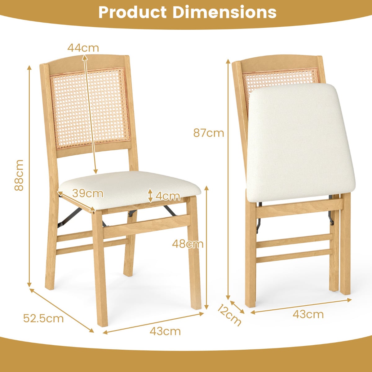 Wooden Folding Chairs Set of 2 Rustic Rubber Wood Dining Chairs with Linen Padded Seat-Brown
