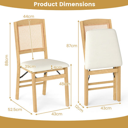 Wooden Folding Chairs Set of 2 Rustic Rubber Wood Dining Chairs with Linen Padded Seat-Brown