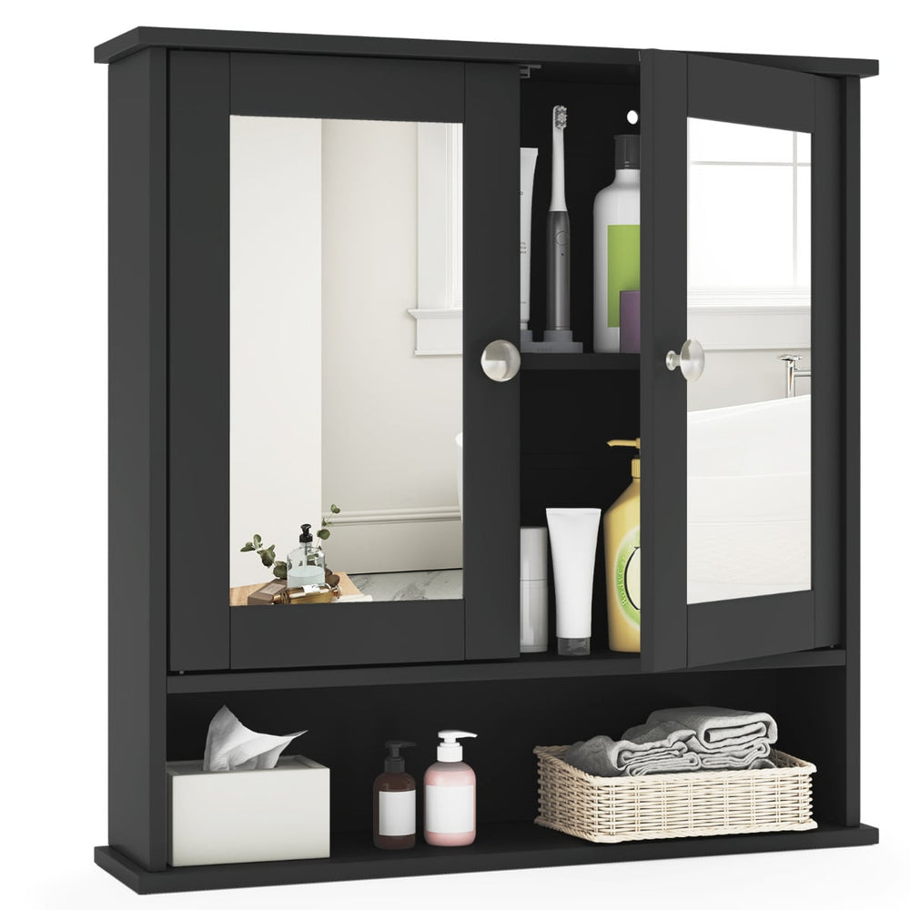Wooden Hanging Medicine Organizer with Mirror and Adjustable Shelf-Black