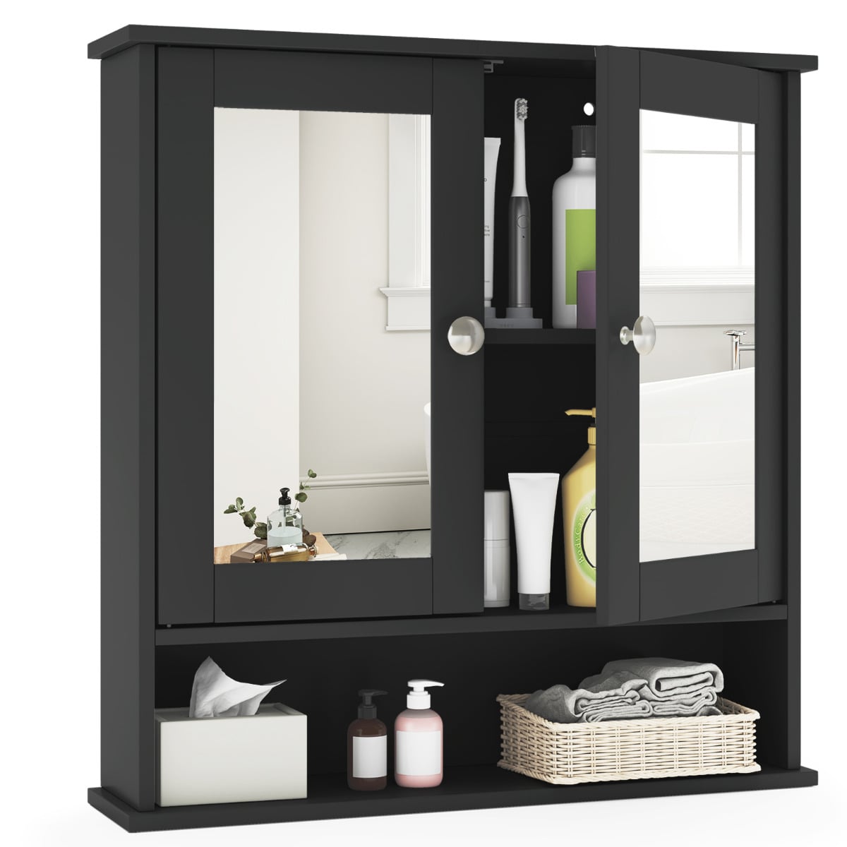 Wooden Hanging Medicine Organizer with Mirror and Adjustable Shelf-Black