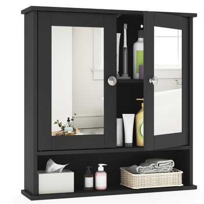 Wooden Hanging Medicine Organizer with Mirror and Adjustable Shelf-Black