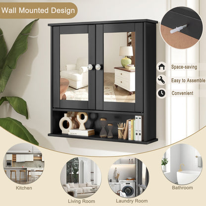 Wooden Hanging Medicine Organizer with Mirror and Adjustable Shelf-Black