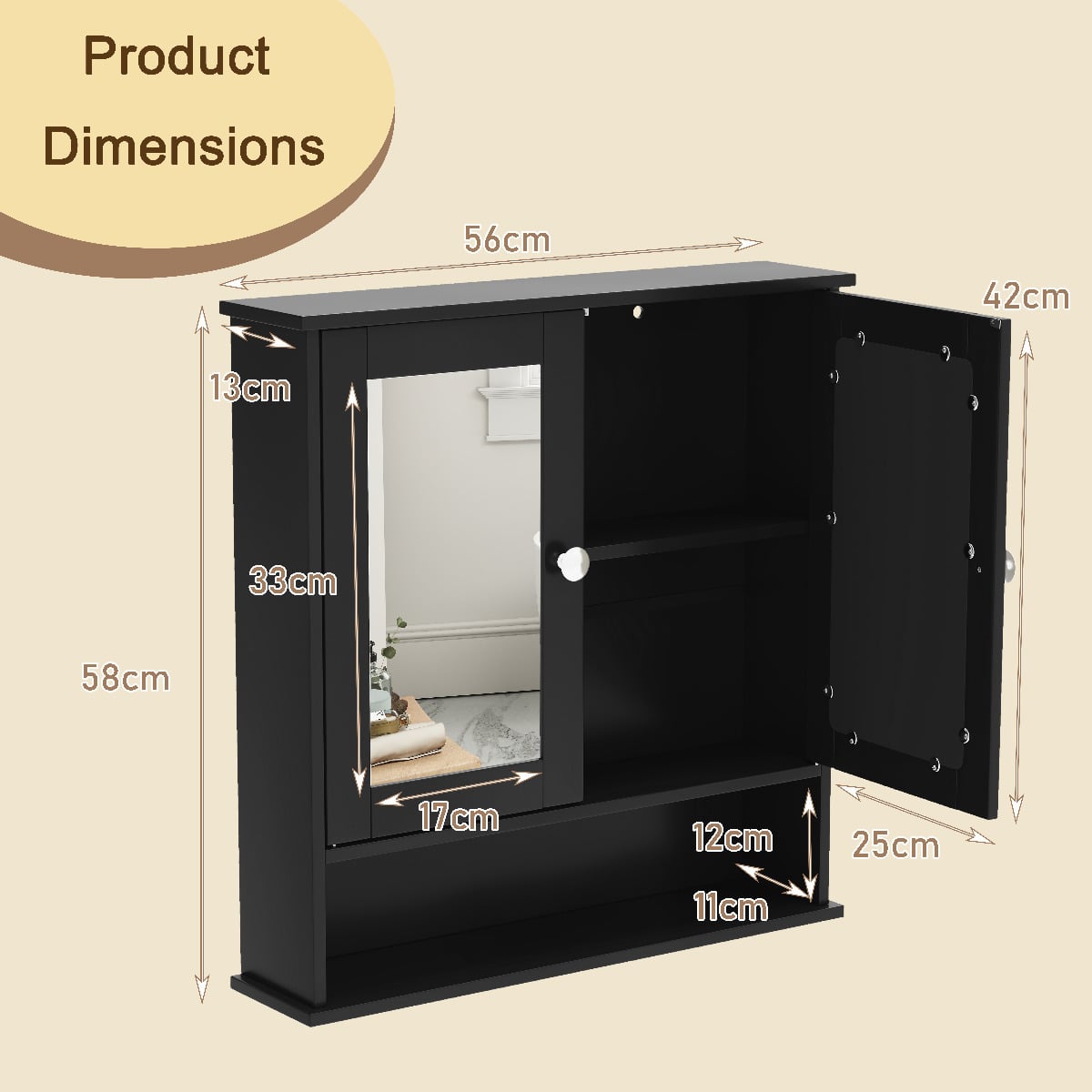 Wooden Hanging Medicine Organizer with Mirror and Adjustable Shelf-Black