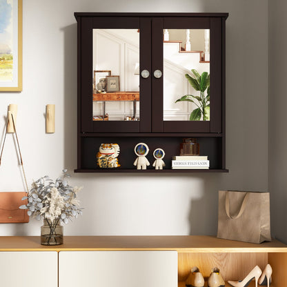 Wooden Hanging Medicine Organizer with Mirror and Adjustable Shelf-Rustic Brown