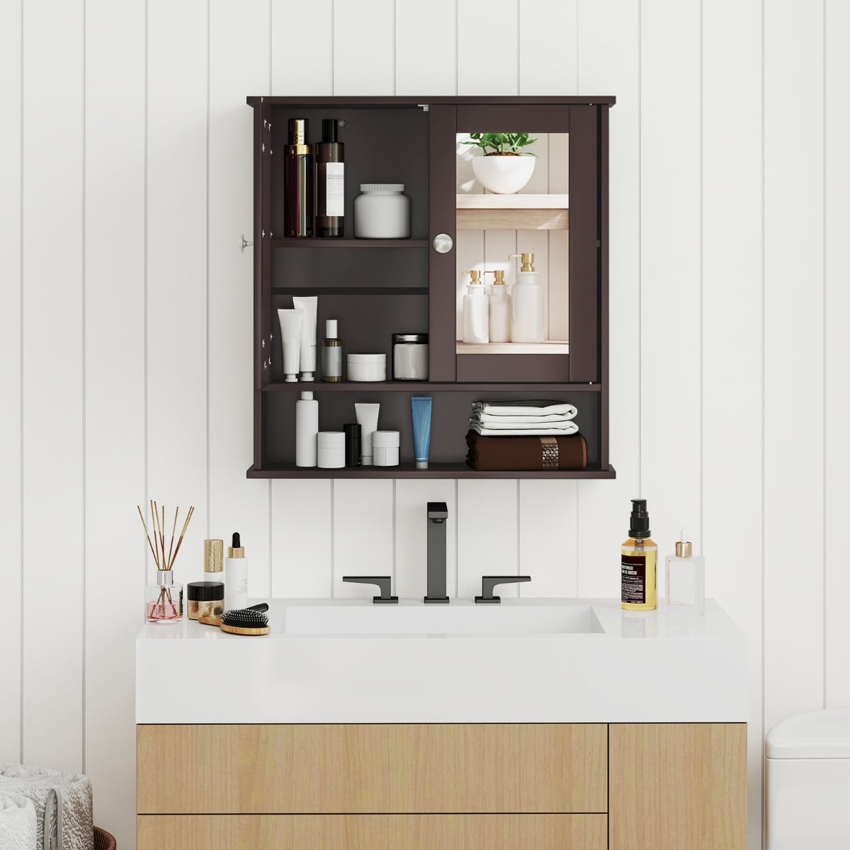 Wooden Hanging Medicine Organizer with Mirror and Adjustable Shelf-Rustic Brown