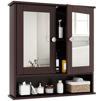 Wooden Hanging Medicine Organizer with Mirror and Adjustable Shelf-Rustic Brown
