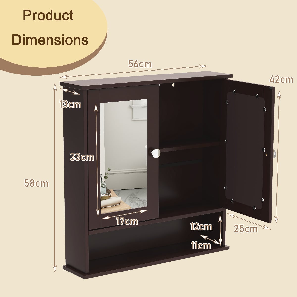 Wooden Hanging Medicine Organizer with Mirror and Adjustable Shelf-Rustic Brown