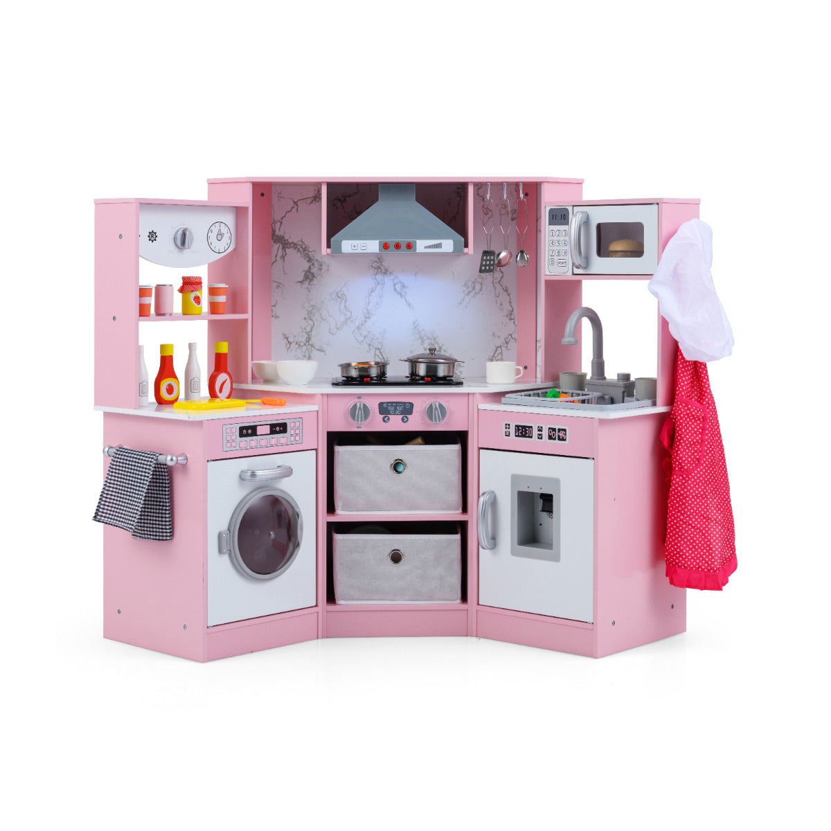 Wooden Kids Play Kitchen Corner with Lights and Water Circulation System-Pink
