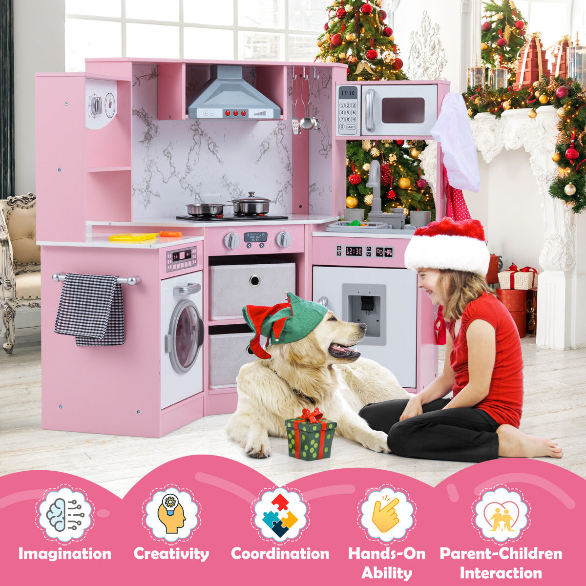 Wooden Kids Play Kitchen Corner with Lights and Water Circulation System-Pink