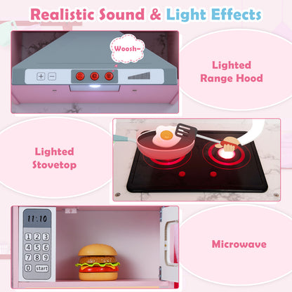 Wooden Kids Play Kitchen Corner with Lights and Water Circulation System-Pink