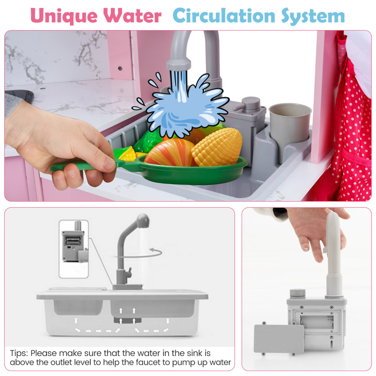 Wooden Kids Play Kitchen Corner with Lights and Water Circulation System-Pink