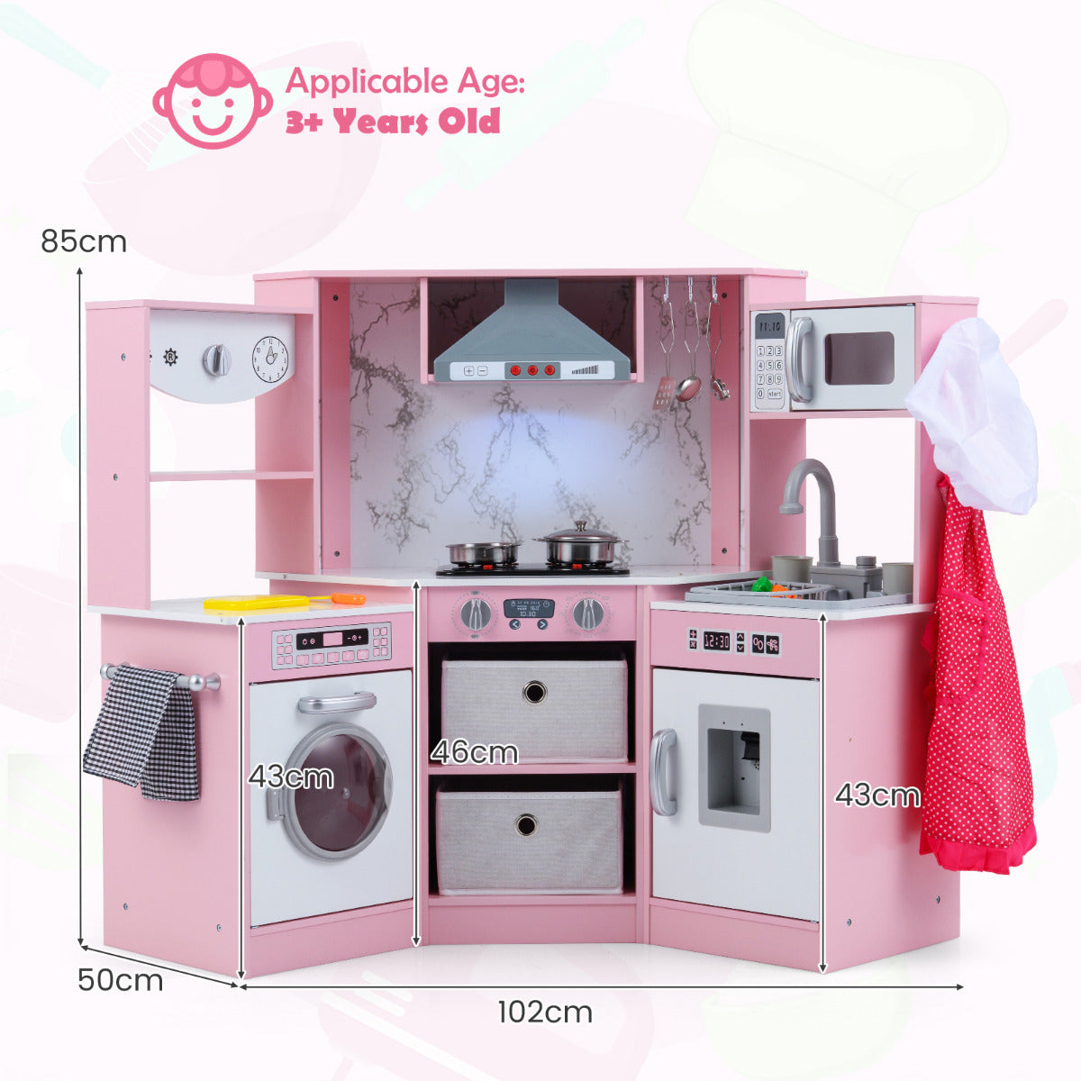 Wooden Kids Play Kitchen Corner with Lights and Water Circulation System-Pink