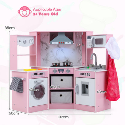 Wooden Kids Play Kitchen Corner with Lights and Water Circulation System-Pink