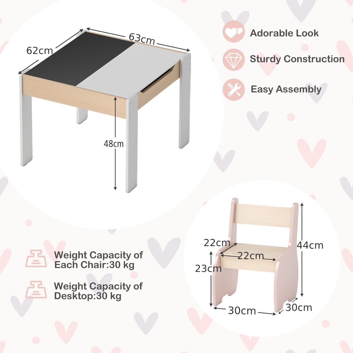 Wooden Kids Table and Chair Set with Hidden Storage-Pink