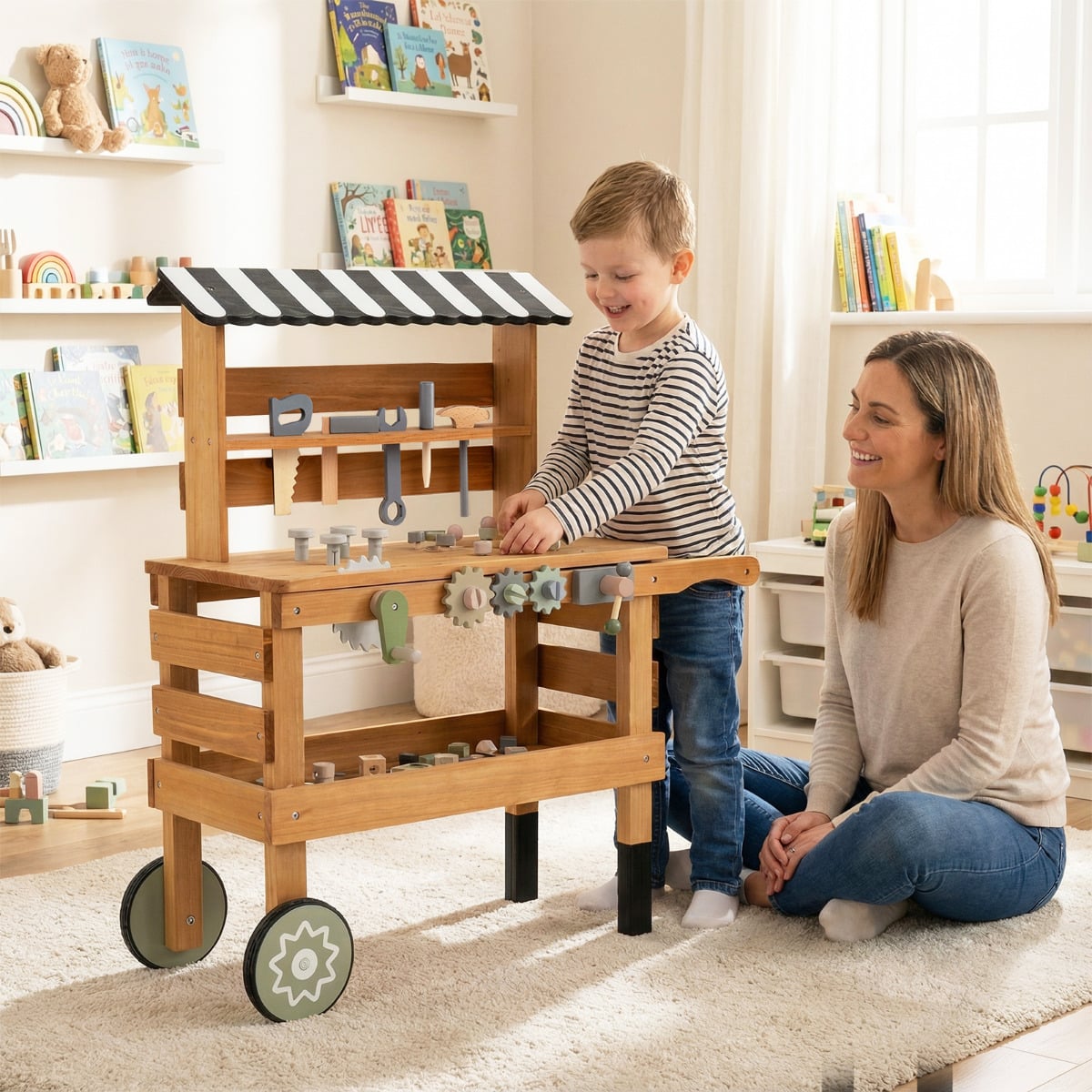 Wooden 2-in-1 Outdoor Kids Rolling Cart with Play Tools Set-Brown
