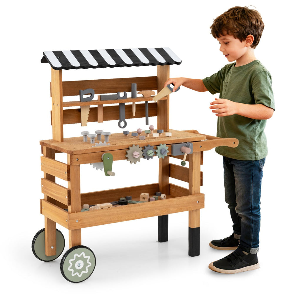 Wooden 2-in-1 Outdoor Kids Rolling Cart with Play Tools Set-Brown