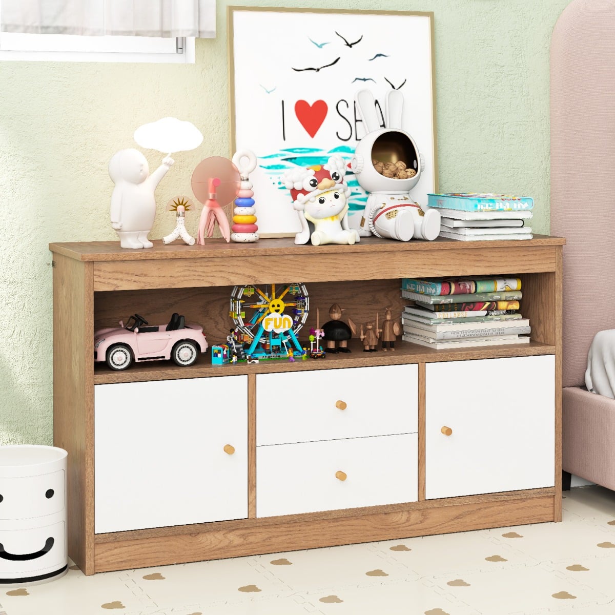 Wooden Kids Toy Children Bookshelf Storage Chest with Open Shelf-Natural