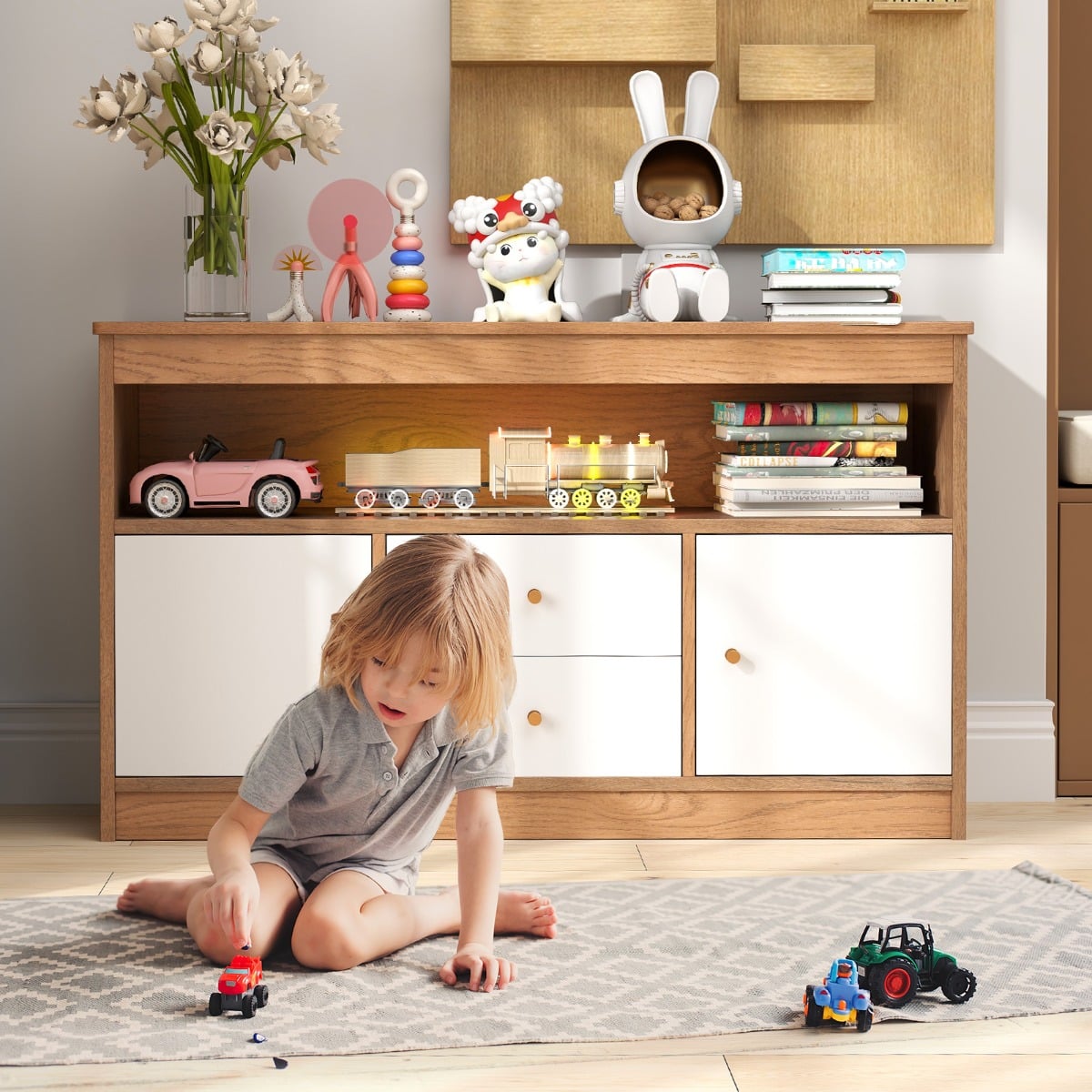 Wooden Kids Toy Children Bookshelf Storage Chest with Open Shelf-Natural