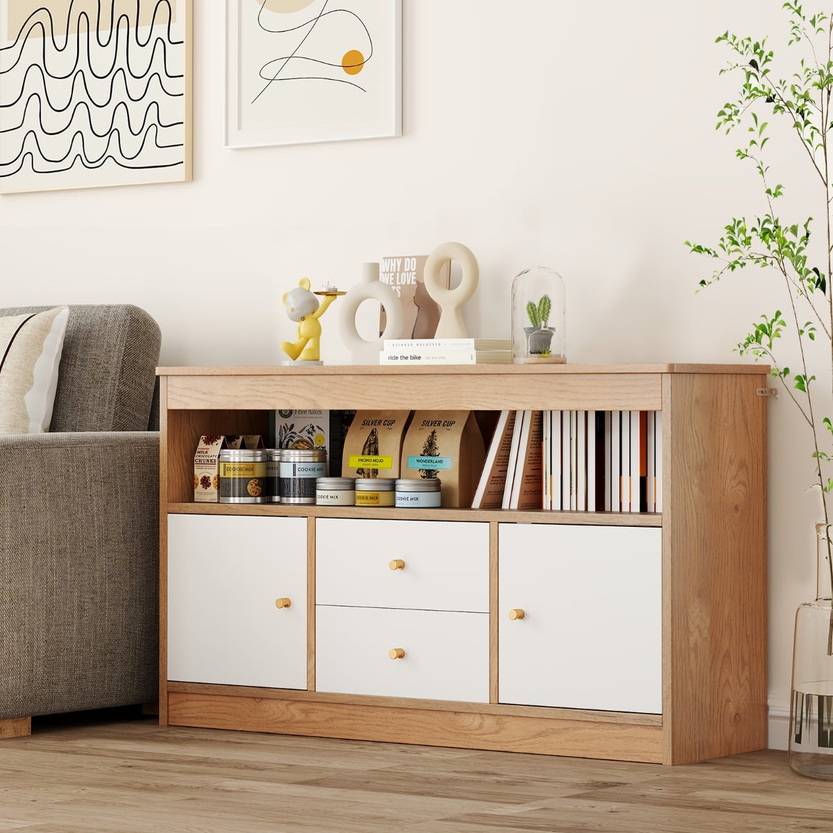 Wooden Kids Toy Children Bookshelf Storage Chest with Open Shelf-Natural