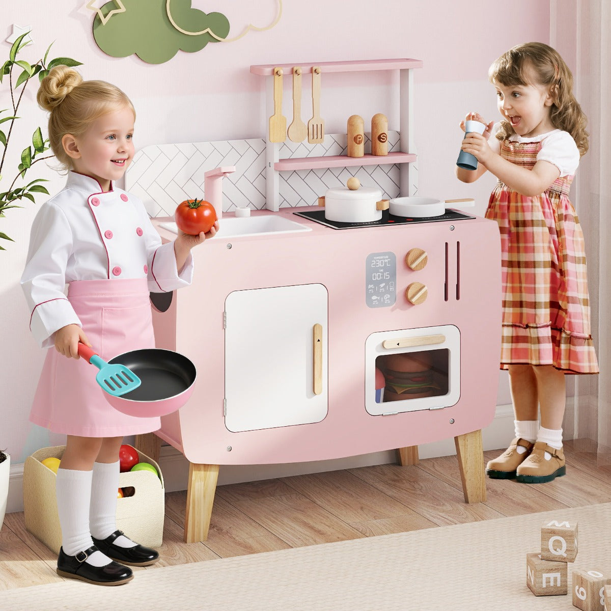 Wooden Kitchen Playset with Stoves and Cookware Accessories