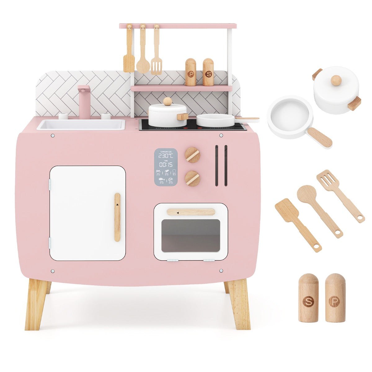 Wooden Kitchen Playset with Stoves and Cookware Accessories