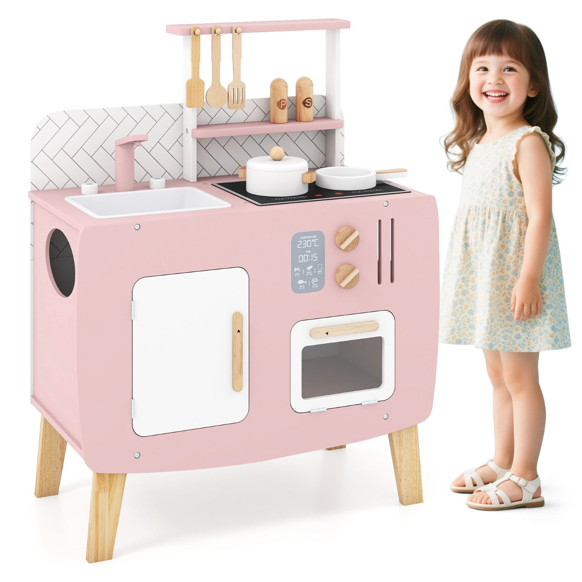 Wooden Kitchen Playset with Stoves and Cookware Accessories