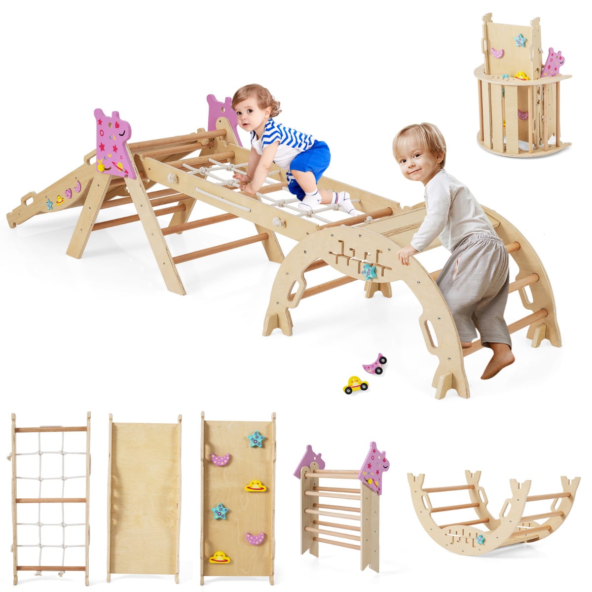Wooden Montessori Climbing Set with Climbing Rope and Ladder-Natural