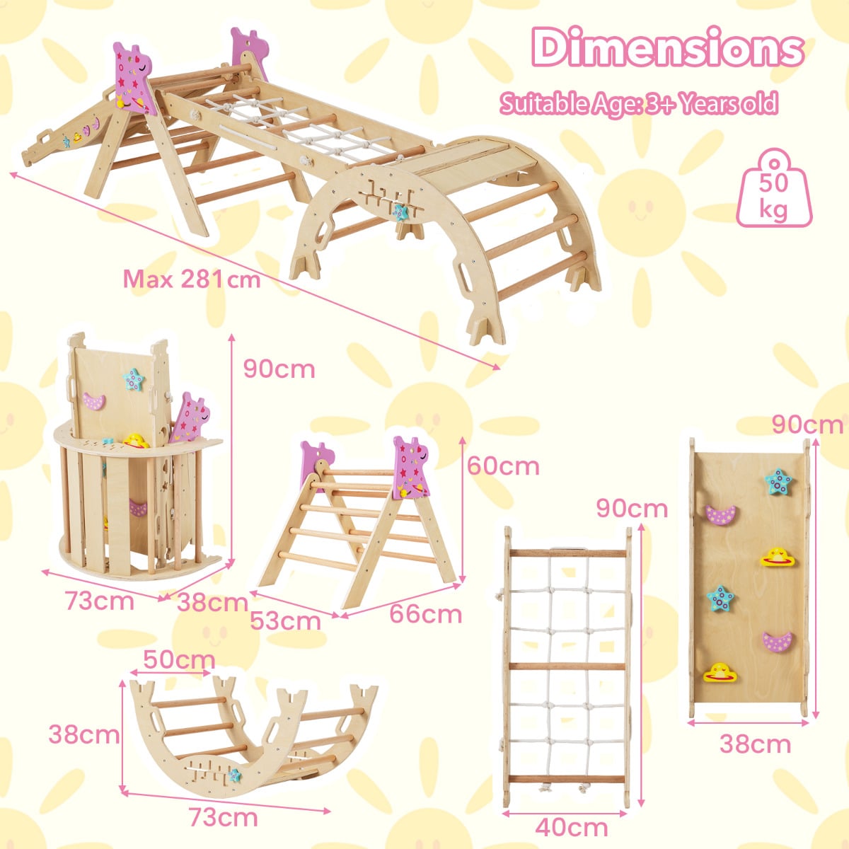 Wooden Montessori Climbing Set with Climbing Rope and Ladder-Natural