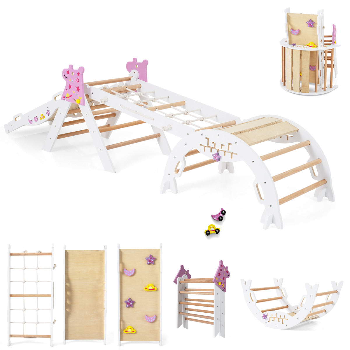 Wooden Montessori Climbing Set with Climbing Rope and Ladder-White