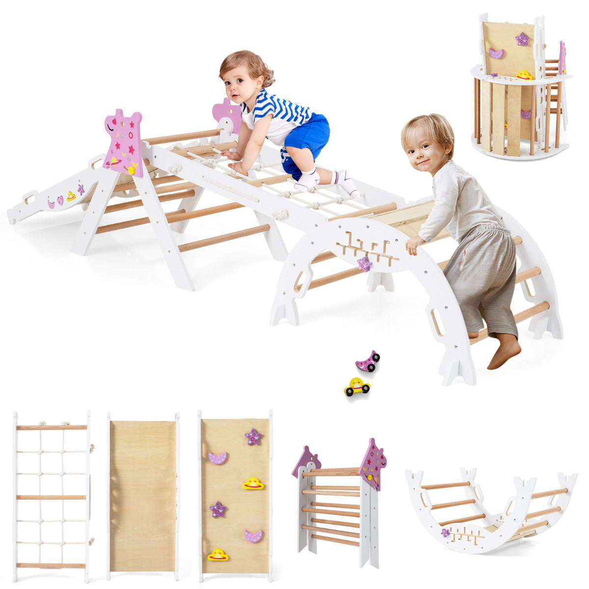 Wooden Montessori Climbing Set with Climbing Rope and Ladder-White