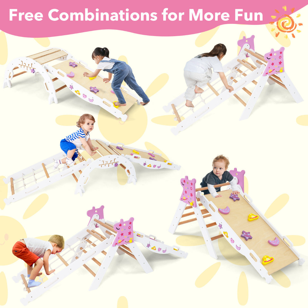 Wooden Montessori Climbing Set with Climbing Rope and Ladder-White