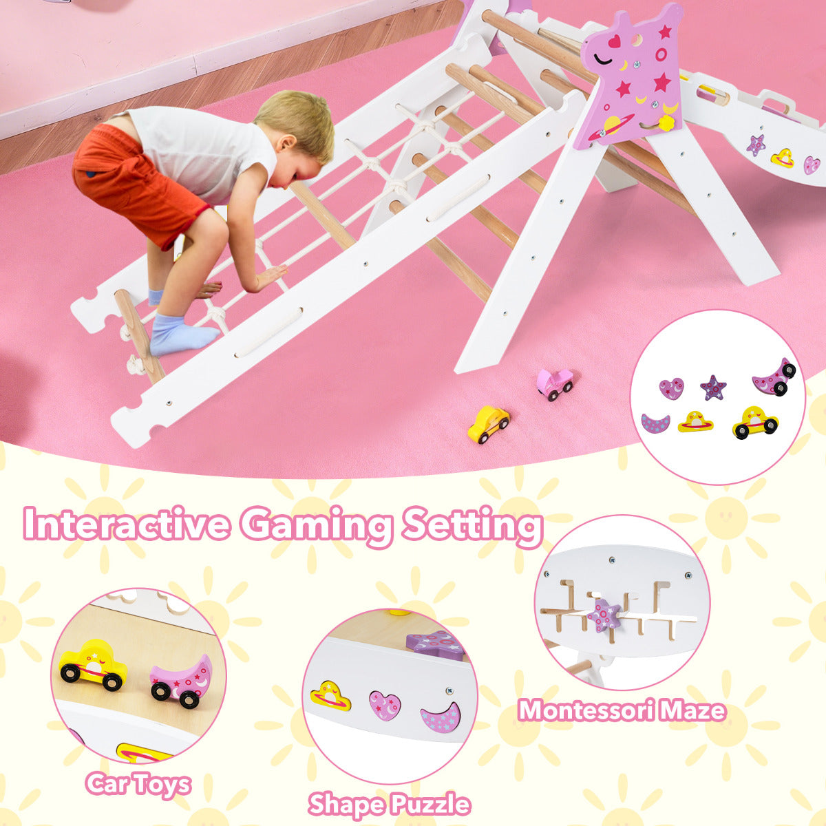 Wooden Montessori Climbing Set with Climbing Rope and Ladder-White