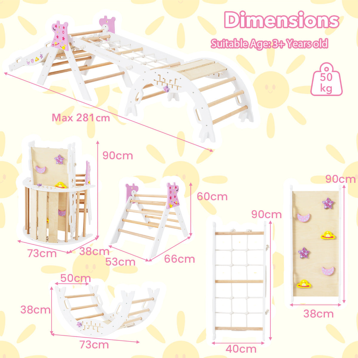 Wooden Montessori Climbing Set with Climbing Rope and Ladder-White