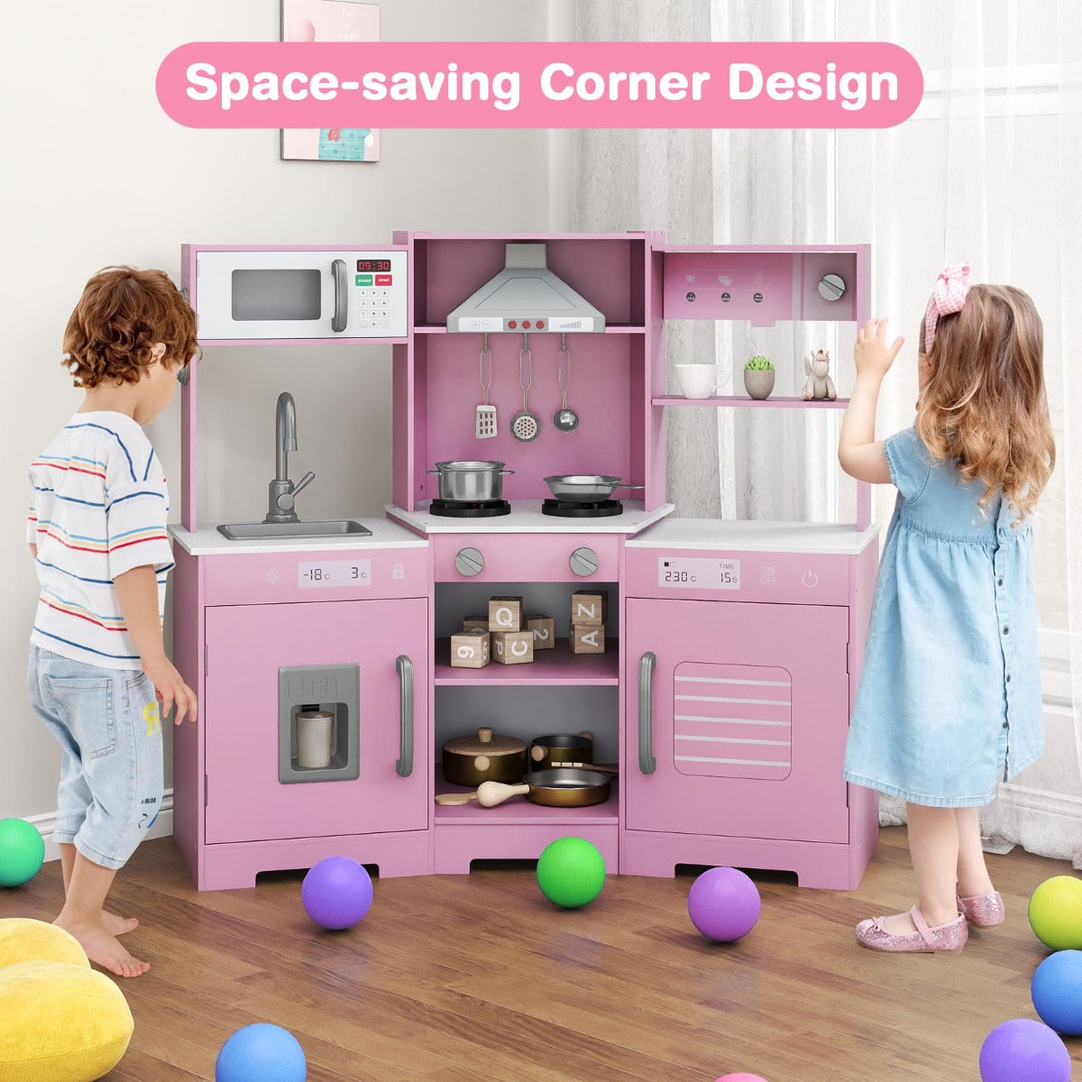 Wooden Pretend Play Kitchen with Real Sounds and Lights-Pink