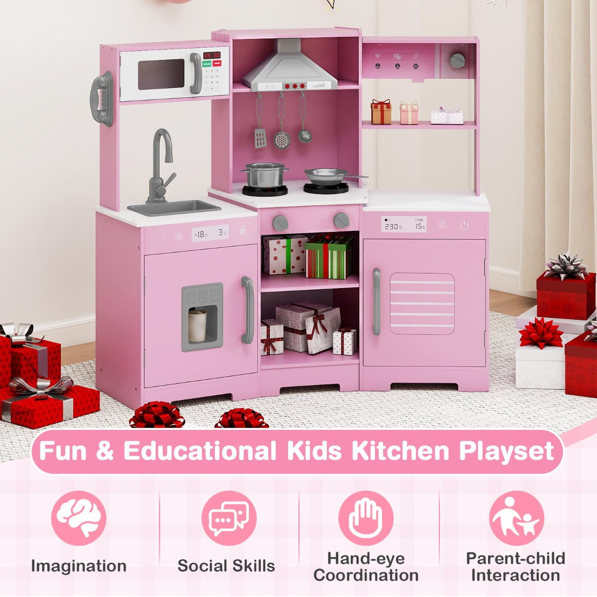 Wooden Pretend Play Kitchen with Real Sounds and Lights-Pink